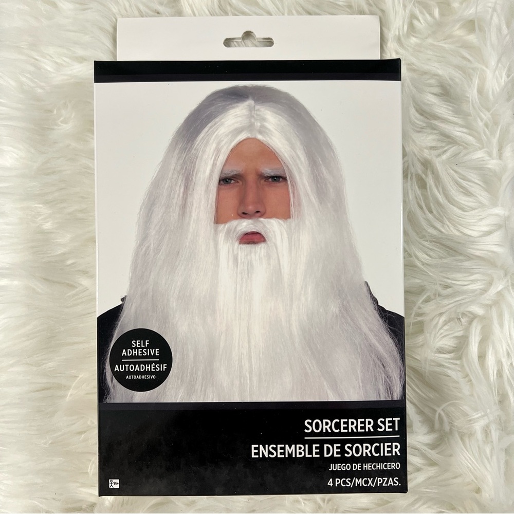 White Sorcerer Costume Set wig, beard and eyebrows NEW wizard Halloween